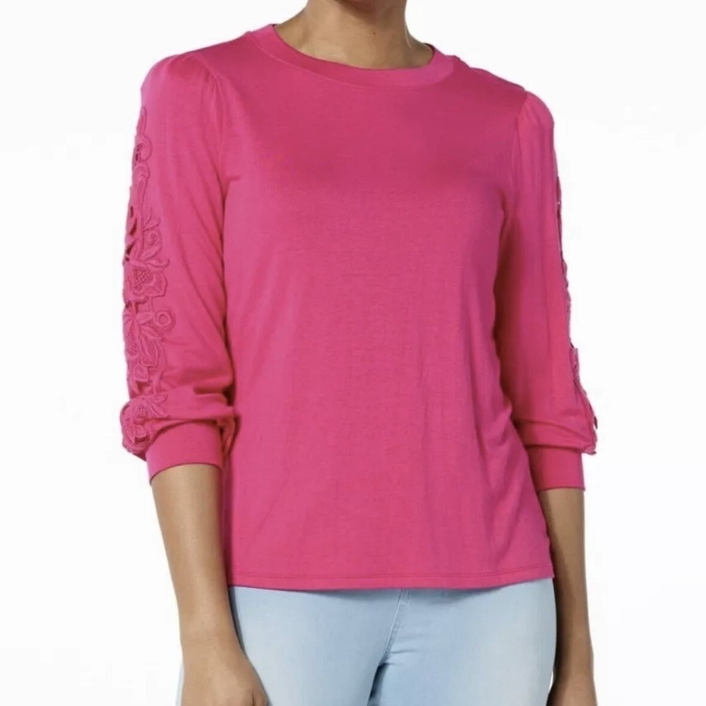 G by Giuliana Black Label Top Women XS Pink Embroidered Sleeve Knit Pullover